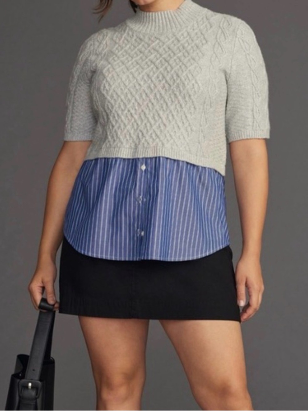 Anthropologie Maeve Twofer Sweater Gray Blue Pinstripe Button Down Size Large